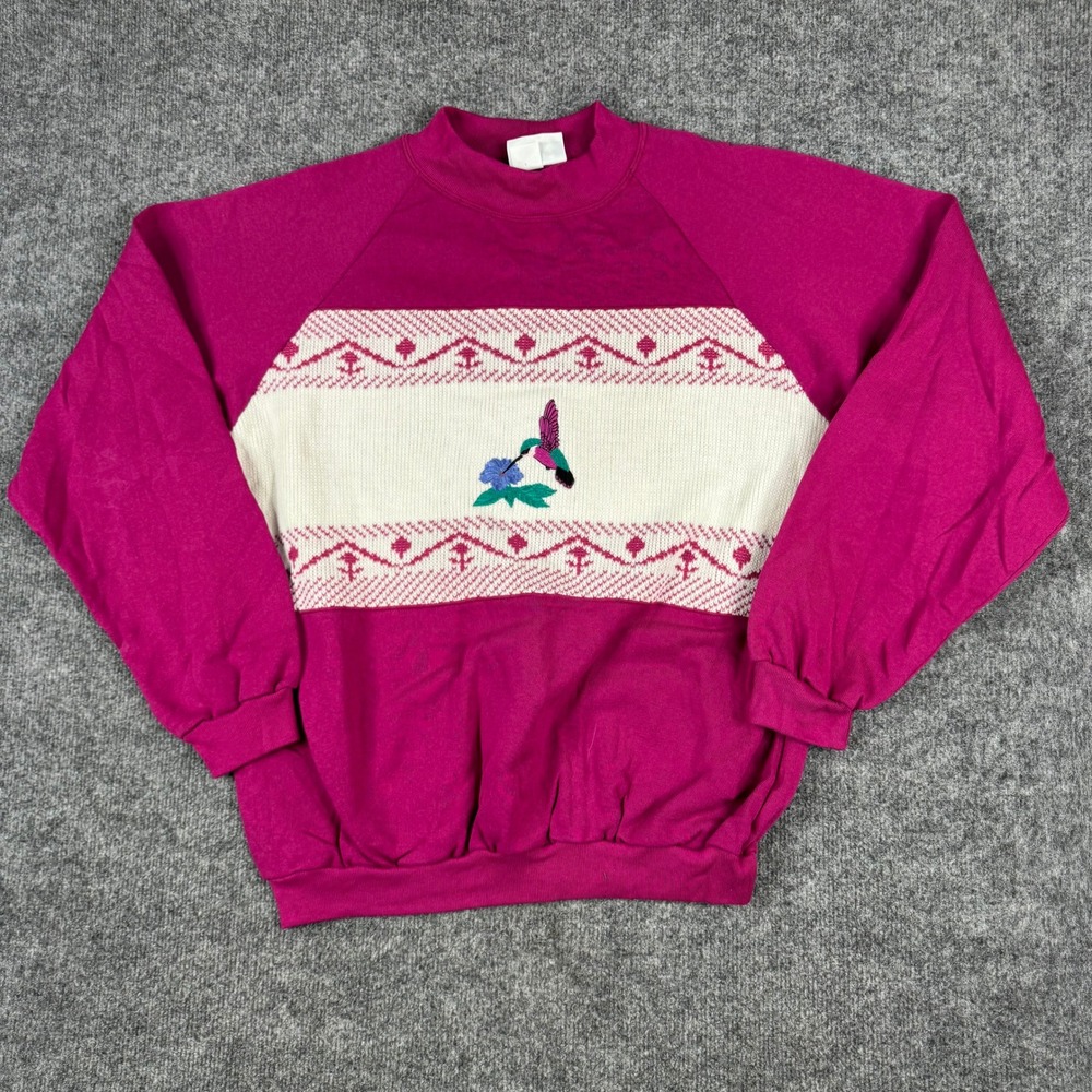 Great Lakes Sweatshirt Womens Size Large Pink Hummingbird Knit Panel Vintage USA